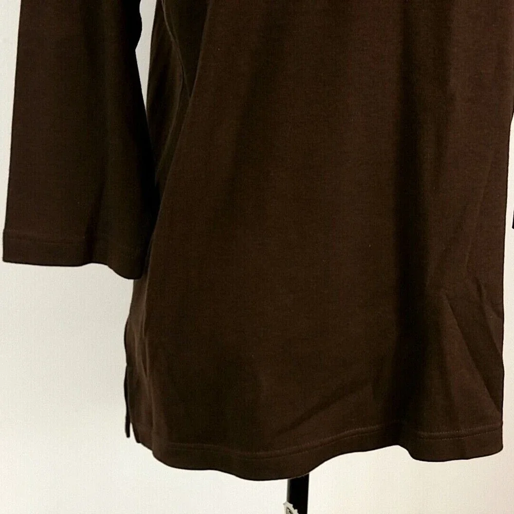 NWT Quacker Factory Womens sz S Top Brown Long Stem Rose Rhinestone Scoop Neck - Picture 6 of 8